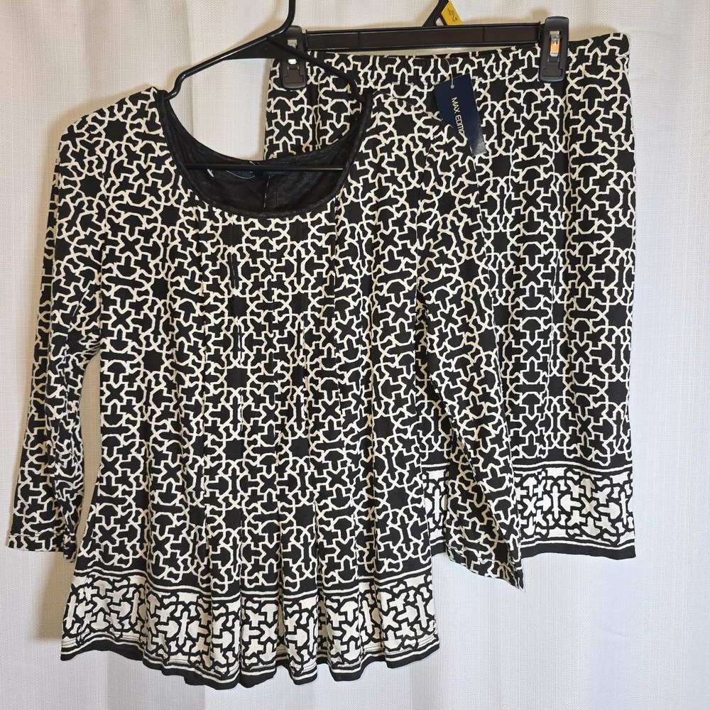Max Edition 2 Piece Matching Set Top M Skirt L Black Ivory Geometric NWT